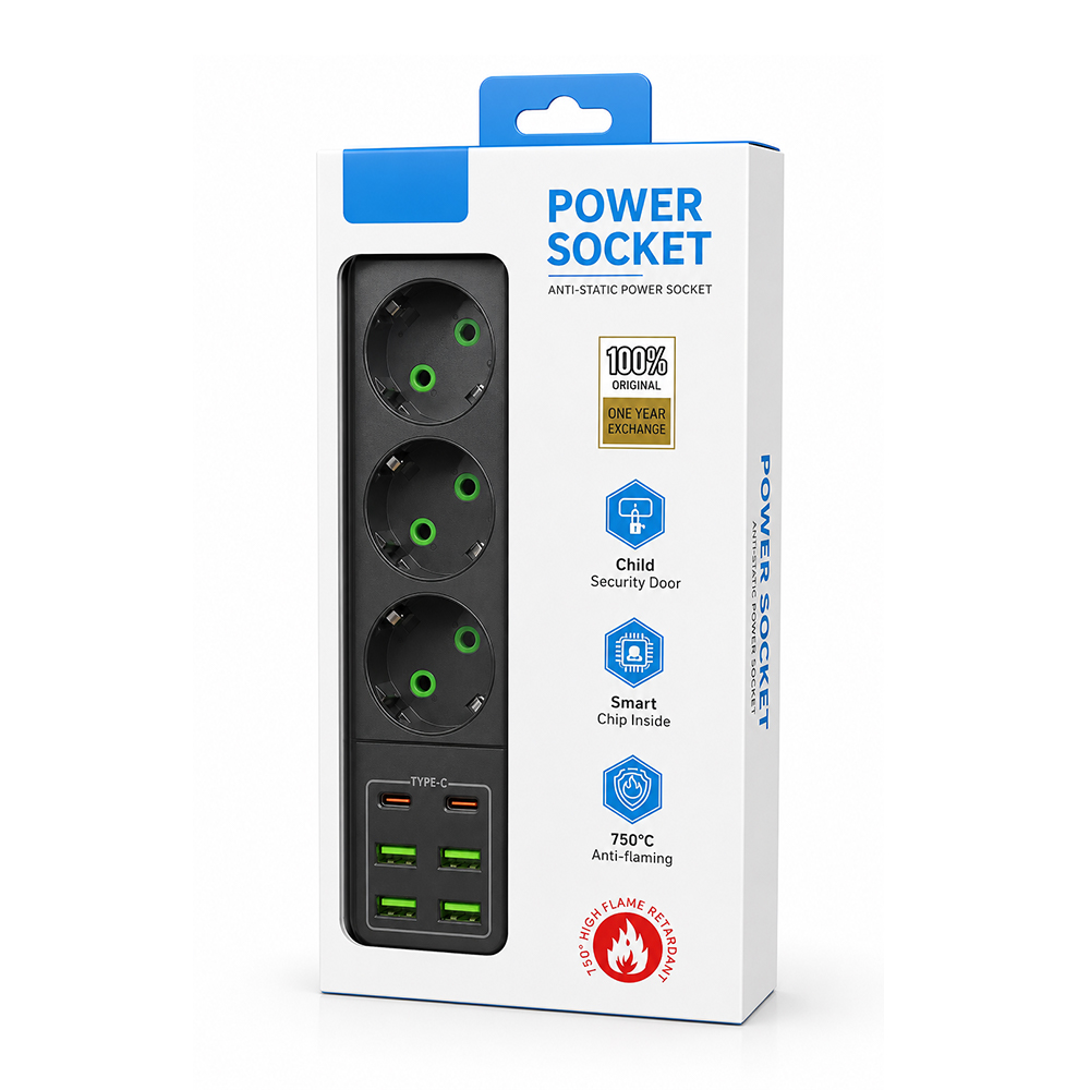 Πολύμπριζο με 4 θύρες USB,2x Type-C και 3 Πρίζες Schuko 3000W AO36U OEM