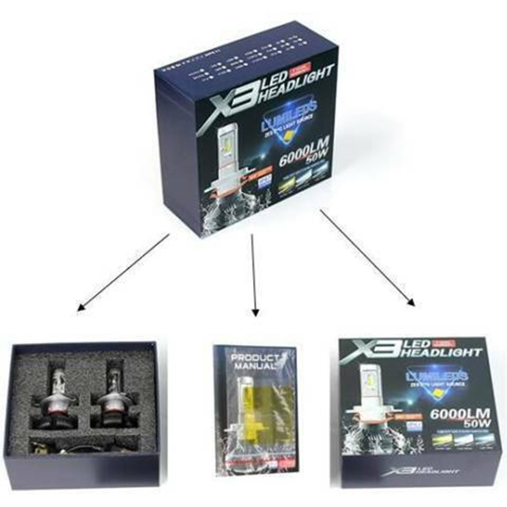 LED Headlight x3 6000 Lumens 50w H4 Zes 2τμχ