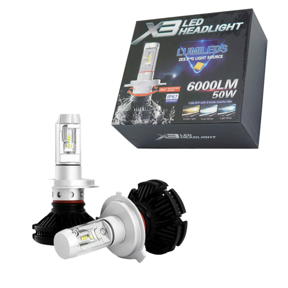 LED Headlight x3 6000 Lumens 50w H4 Zes 2τμχ